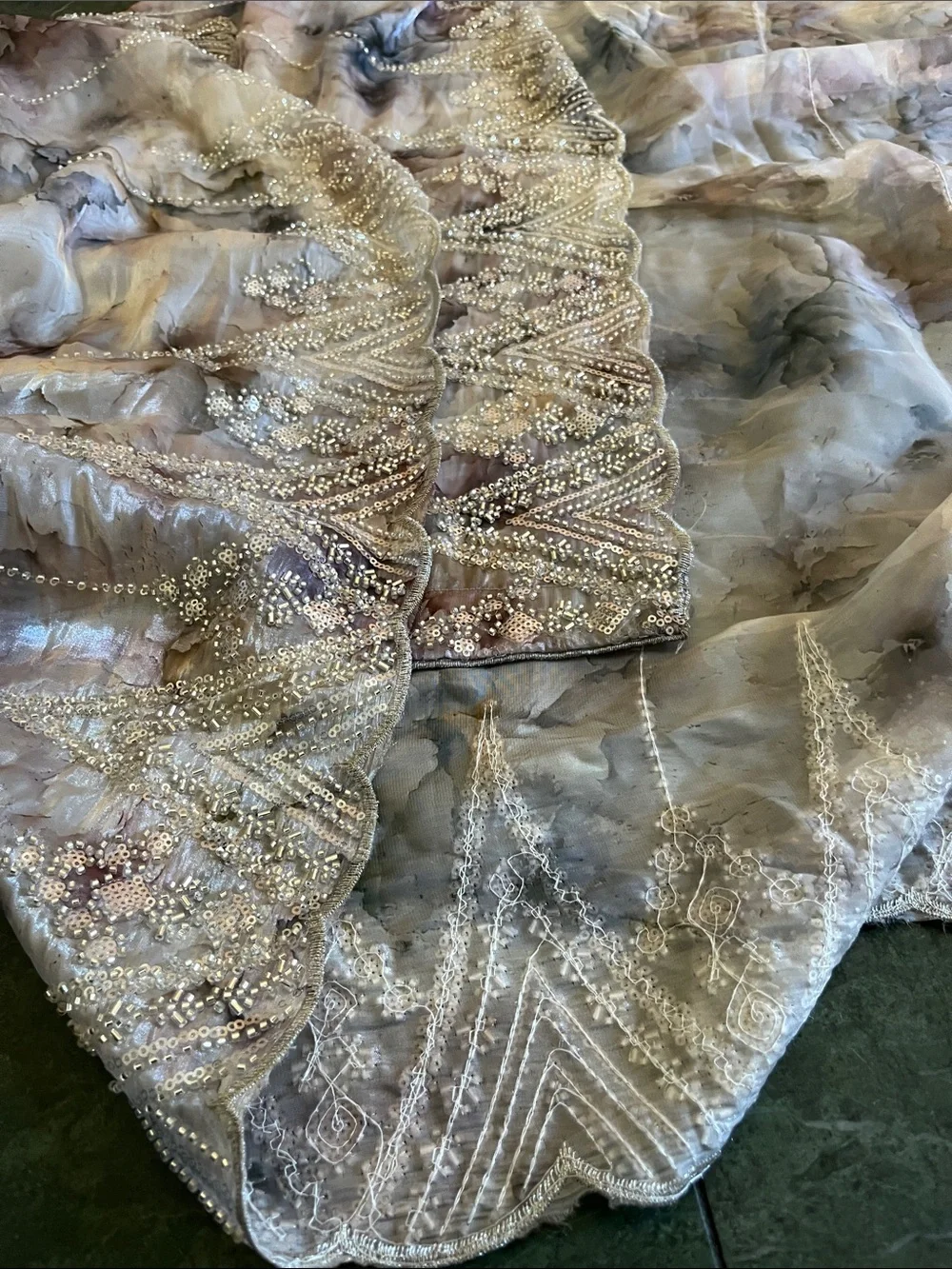 Unique Vintage Sheer Floral Scarf Wrap in Light Gray and Silver
